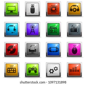 hi tech vector icons in square colored buttons for web and user interface design