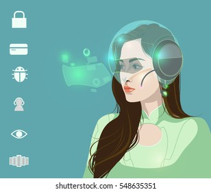 hi technology call center girl and security protection with vector