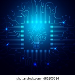 Hi Technology Microprocessor Graphic Banner Design Vector Background. Abstract Illustration Light Bulb With CPU Circuit Board Pad Pattern.