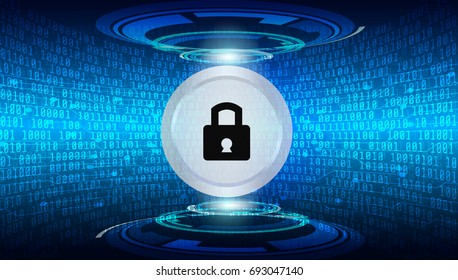 Hi Technology Sci fi Cyber Security Concept Vector Background. Abstract Black Padlock On Gray Gradient Circle Panel With Digital Binary Number Code And Circuit Board Illustration