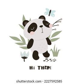 hi there. cartoon panda, hand drawing lettering, decorative elements. flat style, colorful vector for kids. baby design for cards, poster decoration, t-shirt print