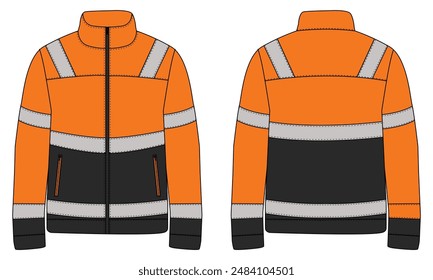 Vista frontal y posterior de la Plantilla de la chaqueta Hi Vis. Frente de maqueta de uniforme de trabajador con Vector de chaqueta