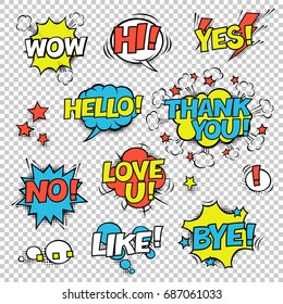 HI, YES, THANK YOU, HELLO, WOW, LOVE U, NO, ..., LIKE, BYE, !. Comic speech bubbles set. Halftones, stars and other elements in separated layers. Colorful design on transparent background.