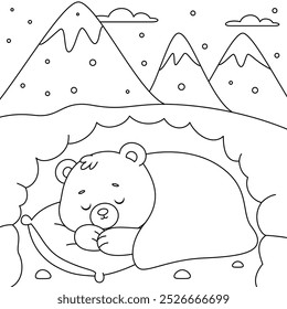 Hibernating Bear in a Cave Outline Coloring Page. Christmas and Winter Illustration 