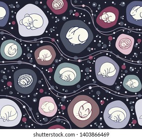 Hibernation animals seamless pattern. Seamless background with sleeping animals. Animals sleep in burrows. Vector background for fabric, textile, wallpaper, gift wrapping paper, napkins, tablecloths, 