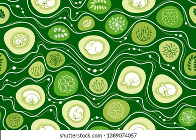 Hibernation of forest animals seamless pattern. Summer seamless background with sleeping animals. Animals sleep in burrows. Vector background for fabric, textile, wallpaper, gift wrapping paper
