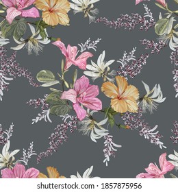 Hibicus and Bauhinia flower seamless pattern vector illustration