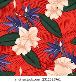 Hibicus floral seamless pattern with red background