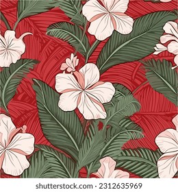Hibicus floral seamless pattern with red background