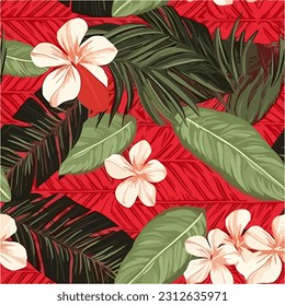 Hibicus floral seamless pattern with red background