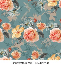 Hibicus and roses flower seamless pattern vector illustration