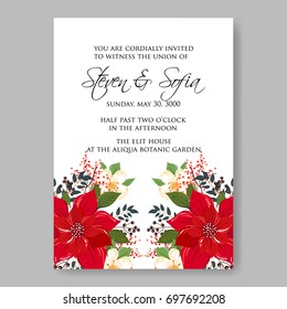 Hibiscus, anemone, poinsettia, peony Tropical Flower Wedding Invitation. Winter floral bridal shower invitation card template.