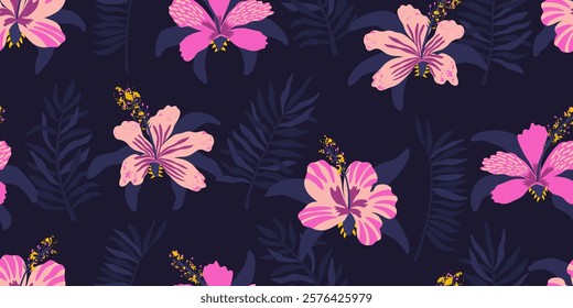 Hibiscus and banana leaf seamless pattern on dark background. Tribal design for fabric, interior decor and cover. 