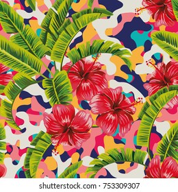 Hibiscus banana leaves multicolor camo abstract beach background. Vector seamless pattern wallpaper