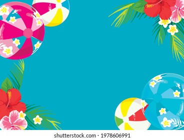Hibiscus and beach balls illustration background. Southern country image.Summer greeting card.
