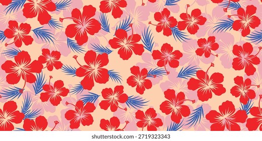 Hibiscus schönes Muster. Botanisches Nahtloses Muster. Exotischer Hibiscus. Motiv für Hawaiihemd, Aloha-Hemd im Sommer. Schöne rote Blumen, Blattmuster rosafarbener Hintergrund. rote Hibiskusblume.