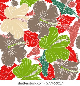 Hibiscus in beige, red and green colors on a white background. Aloha hawaiian shirt vector seamless pattern.