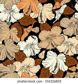 Hibiscus in beige and yellow colors on a black background. Aloha hawaiian shirt vector seamless pattern.