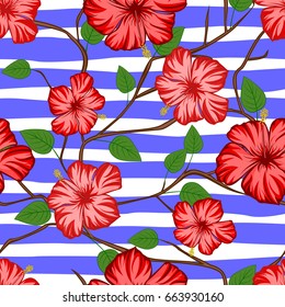 Hibiscus blossom  seamless pattern on strip background.
