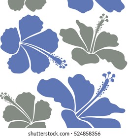 Hibiscus in blue and gray colors on a white background. Aloha hawaiian shirt vector seamless pattern.