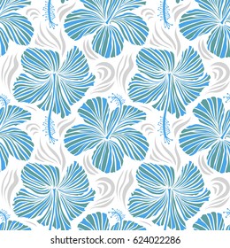 Hibiscus in blue and gray colors on a white background. Aloha hawaiian shirt vector seamless pattern.