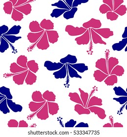 Hibiscus in blue and pink colors on a white background. Aloha hawaiian shirt vector seamless pattern.