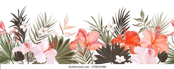 Hibiscus botanic seamless horisontal border banner,  exotic flowers and leaves, vector hand drawn background. Floral realistic pattern, summer arrangements with tropical leaf nature
