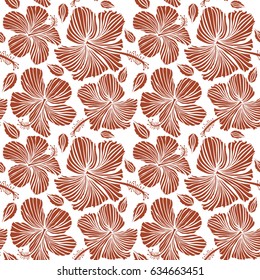 Hibiscus in brown colors on a white background. Aloha hawaiian shirt vector seamless pattern.