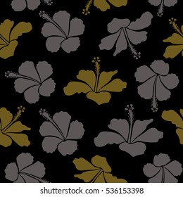 Hibiscus in brown and gray colors on a black background. Aloha hawaiian shirt vector seamless pattern.