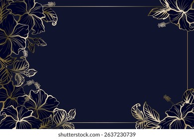 Hibiscus dark elegant line art floral background with silver metallic colors, suitables for prints, fabrics, or sublimation.