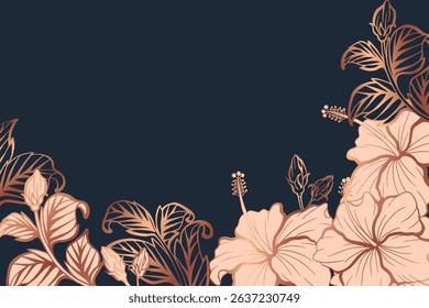 Hibiscus dark elegant line art floral background with rose gold metallic colors, suitables for prints, fabrics, or sublimation.