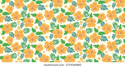 hibiscus design pattern, palm tree on white background. colorful summer patterns for Hawaiian shirts. botanical motif floral hibiscus. beautiful fabric pattern yellow hibiscus flowers, seamless print.
