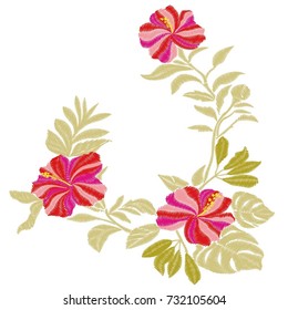 hibiscus, embroidery ,vector, illustration