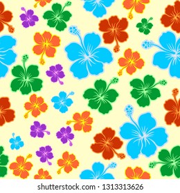 Hibiscus Exotic Colorful Seamless Pattern Vector Graphic Art 
