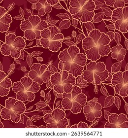 Hibiscus floral embroidery style seamless pattern. With lite orang color tone on dark red silhouette background. Design for wallpaper, fabric, textile, decorative, wrapping paper and curtain.