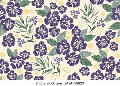 Hibiscus Floral patterns seamless embroidery ethnic batik vintage Flower motifs paisley print template. Blue purple flowers ikat design hand drawn. Vector illustration. 