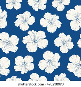 Hibiscus floral tropical seamless pattern. Shoeblackplant flowers detailed vector outline drawing. Side by side isolated on indigo blue background. Can be used for decoration, fabric, wrapping.