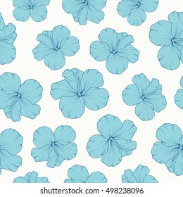 Hibiscus floral tropical seamless pattern. Shoeblackplant flowers detailed vector outline drawing. Side by side isolated blue on white background. For decoration and textile.