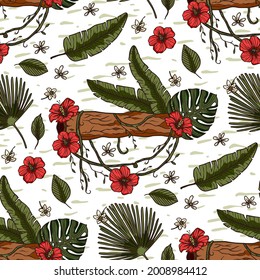 Hibiscus floral wallpaper flower seamless pattern. Hawaiian tropical background illustration design with vine and monstera leaf . Summer vector graphic.