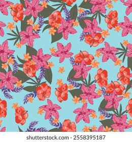 hibiscus floral, watercolor, bright, colorful, garden flowers, leaves, illustration background, seamless pattern, repeat print, wallpaper, clothing, fashion, home textile, packaging, gift wrap