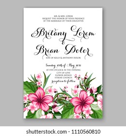 Hibiscus floral wedding invitation vector card template with bridal shower bouquet of peony flowers anemone tropical palm leaves privet berry poppy in watercolor style