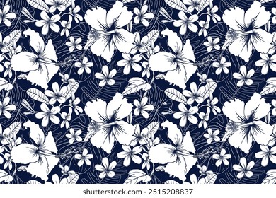 Hibiscus flor aloha havaiano tropical sem costura padrão. Com frangipani e monoestearato floral abstrato fundo. Desenho de mão de ilustração vetorial. Para tecidos, têxteis, vestuário e papel de parede