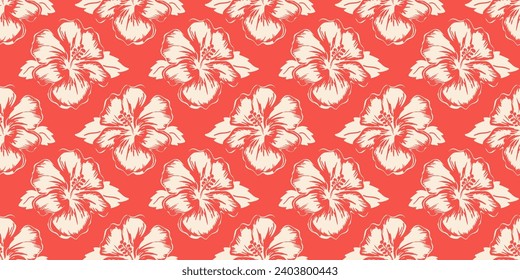 Hibiscus flower art seamless pattern illustration. Tropical hawaiian nature floral background in vintage art style. Beach season painting print.