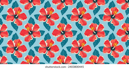 Hibiscus flower art seamless pattern illustration. Tropical hawaiian nature floral background in vintage art style. Beach season painting print.