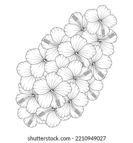 hibiscus flower blooming petal and leaves with hibiscus plant of wildflower line art stroke design. coloring page illustration with line art stroke of black and white hand drawn. 