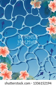 Hibiscus flower and coconut leaves and fish swimming under the sea water vector background for decoration on summer holiday events.