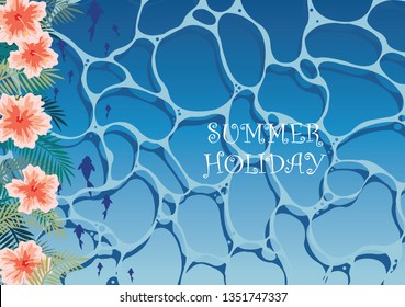 Hibiscus flower and coconut leaves and fish swimming under the sea water vector background for decoration on summer holiday events.