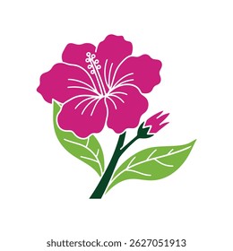 Hibiscus Flower Color botanical Illustration Silhouette Icon Vector. Red Hibiscus Flower with Green Leaves.