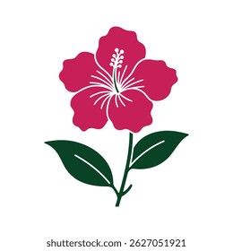 Hibiscus Flower Color botanical Illustration Silhouette Icon Vector. Red Hibiscus Flower with Green Leaves.