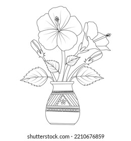 hibiscus flower coloring page illustration with line art stroke of black and white hand drawn. beautiful rose of sharon flower drawing sketch of blossom red petal doodle line art vector graphic design